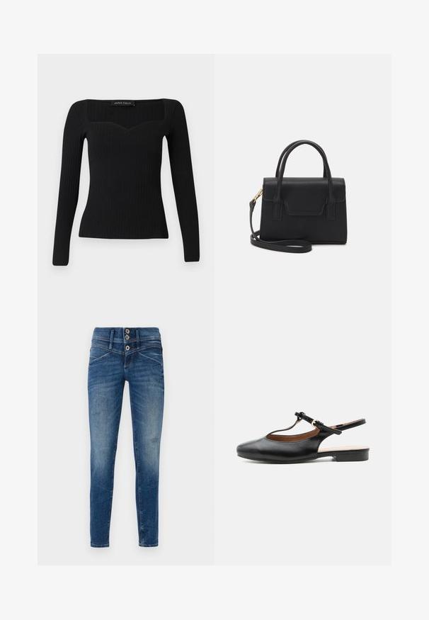 Zwarte langoon ribben top met een vierkante halslijn, met een subtiele sweetheartvorm en een aansluitend ontwerp.; Skinny jeans in donkerblauwe denim met een vervaagde afwerking, voorzien van een hoge taille, met een sluiting met twee knopen en gescheurde details op de benen.; Zwarte leren platte slingbackschoen met T-bandje en gouden gesp op een neutrale achtergrond.; Zwarte gestructureerde handtas van leer met een bovenhandvat, een afneembare schouderriem en een voorflapdetail. Gouden hardwareaccenten.