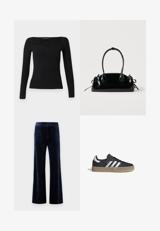 Top negro de manga larga con canalé y escote cuadrado, que presenta una ligera forma de corazón y un diseño ajustado.; Pantalones acampanados en azul marino, hechos de suave terciopelo. Presentan una textura lisa, cinturilla ajustada y bordes limpios. Sin hardware visible ni patrones.; Zapatilla deportiva de cuero negro con tres rayas plateadas, punta texturizada y suela de goma. Cuenta con un collar acolchado y un diseño con cordones.; Pequeño bolso negro brillante con dos asas largas y detalles de cordón lateral sobre un fondo claro liso.