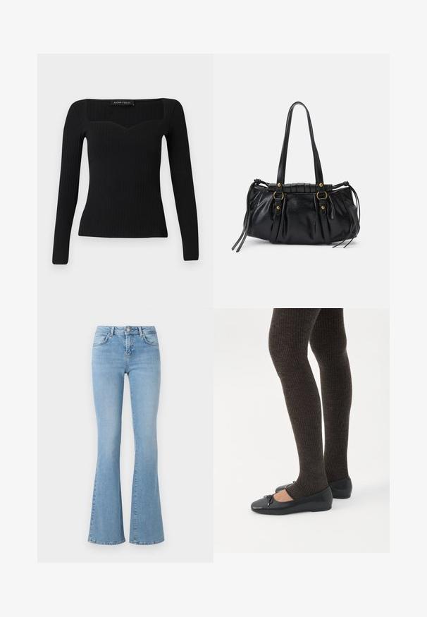 Top negro de manga larga con canalé y escote cuadrado, que presenta una ligera forma de corazón y un diseño ajustado.; Jeans de campana de color azul claro con una cintura alta, fabricados en denim. Cuentan con cinco bolsillos y un clasp de botón. Textura suave con un ligero desgastado.; Piernas con leggings oscuros acanalados combinados con bailarinas negras que presentan pequeños detalles de lazo sobre un fondo blanco.; Bolso de mano de cuero negro con forma redondeada, asas dobles, acentos de hardware decorativo y detalles de lazo en los laterales. Textura lisa y brillante.