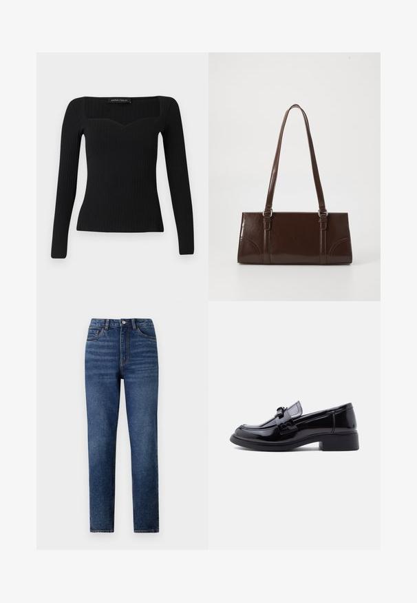Sort langærmet ribbet top med firkantet halsudskæring, der har en let sweetheart-form og et tætsiddende design.; Højtaljede blå denimjeans med lige ben, der har subtil slidmærkning, enkelt knaplukning og fem-lomme design.; Sort loafers i laklæder med blokhæl og dekorativ remdetalje, vist i sideprofil på en hvid baggrund.; Brun lakeret håndtaske med rektangulær form, to lange håndtag og subtile buede detaljer på fronten.