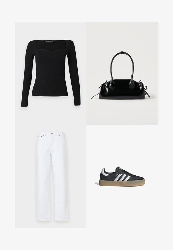 Top negro de manga larga con canalé y escote cuadrado, que presenta una ligera forma de corazón y un diseño ajustado.; Los vaqueros de denim blanco cuentan con un ajuste relajado, pierna recta, diseño de cinco bolsillos, cierre frontal con botón y remaches en tono cobre.; Zapatilla deportiva de cuero negro con tres rayas plateadas, punta texturizada y suela de goma. Cuenta con un collar acolchado y un diseño con cordones.; Pequeño bolso negro brillante con dos asas largas y detalles de cordón lateral sobre un fondo claro liso.