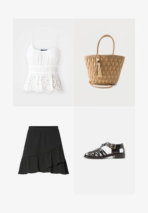 Camisole en coton blanc avec bretelles réglables, corsage smocké et ourlet en forme de vagues avec des découpes florales brodées.; Jupe portefeuille noire à texture, avec ourlet asymétrique à volants et taille élastique.; Sandale tressée en cuir noir avec talon bloc bas et bride avec boucle dorée ajustable sur fond blanc.; Sac cabas en paille tressée avec poignées arrondies, motif carré, et deux pompons suspendus avec des perles en bois sur un fond uni.