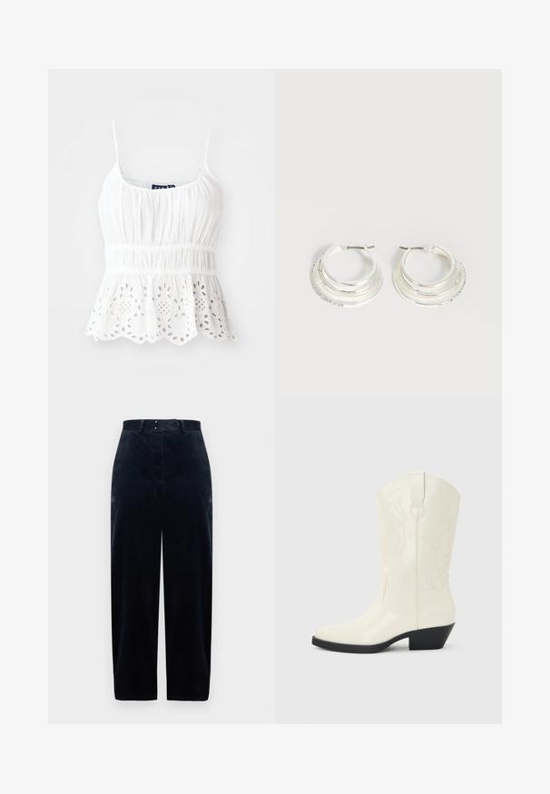 Camisole en coton blanc avec bretelles réglables, corsage smocké et ourlet en forme de vagues avec des découpes florales brodées.; Pantalon en velours côtelé bleu marine avec taille haute, jambes droites et deux poches avant. Doté d'une fermeture par bouton et glissière. Tissu texturé.; Botte blanche de style western mi-mollet avec bout pointu, talon empilé noir, coutures décoratives et languette de tirage sur la tige.; Boucles d'oreilles créoles en argent avec trois bandes semi-circulaires superposées, dont une ornée de petits cristaux clairs sur un fond clair.
