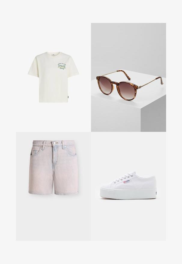 T-shirt en coton crème clair avec un col rond, des manches courtes, et un motif texte couleur sarcelle avec les accents "UNDER THE SUN" et "O’Neill Surf".; Shorts en denim bleu clair avec bouton frontal, fermeture éclair, passants de ceinture et design à cinq poches sur un fond neutre.; Baskets en toile blanches avec une épaisse semelle plateforme blanche, bout rond et œillets en métal pour les lacets. Logo de la marque affiché sur le côté.; Lunettes de soleil écaille de tortue avec verres dégradés et fins accents en métal doré. Dotées de montures arrondies et de branches élégantes pour un look moderne.