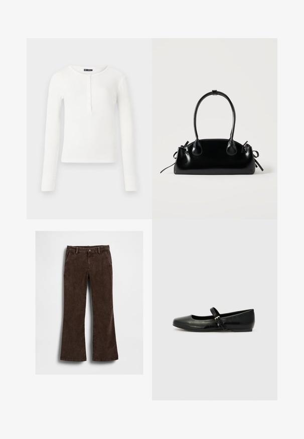 Haut henley à manches longues blanc en côtes, avec un col rond, une patte de boutonnage à l'avant et des poignets ajustés. Fabriqué en tissu doux et extensible.; Pantalon évasé en velours côtelé marron à la texture lisse, avec poches avant et une fermeture à un bouton à la taille.; Ballerines en cuir noir avec un bout arrondi, une semelle plate et une fine sangle ajustable sur le cou-de-pied avec une boucle en métal.; Petit sac à main noir brillant avec deux longues anses et des détails à cordon sur les côtés sur un fond clair uni.