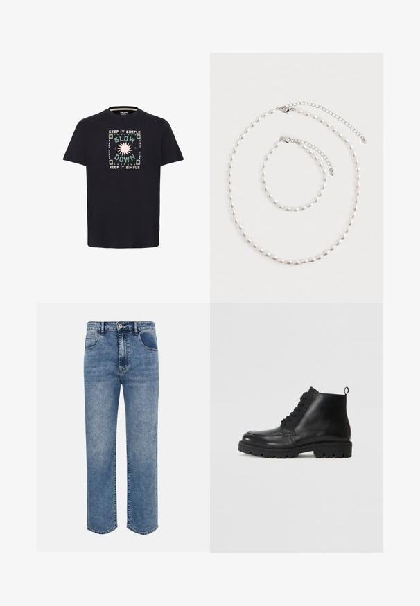 Schwarzes Baumwoll-T-Shirt mit einem farbenfrohen Grafikdesign, das den Text "HALT ES EINFACH" und "VERLANGSAME" umgeben von kreisförmigen Mustern zeigt.; Jeans aus blauem Denim mit geradem Bein, vorderen Taschen, Gürtelschlaufen, Knopfverschluss und verwaschenen Details.; Schwarze Leder Stiefeletten mit runder Zehe, Schnürverschluss und strukturiertem Gummisohle. Mit einer Ziehlasche an der Ferse für einfaches Anziehen.; Perlenkette und passendes Armband mit Silberkettenverschlüssen auf einem weißen Hintergrund arrangiert.