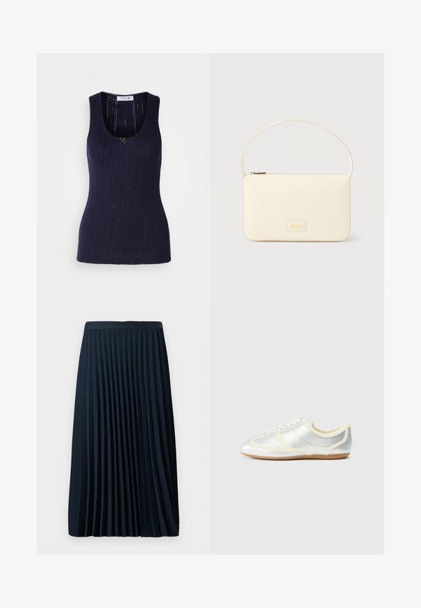 Marineblauwe tanktop met een geribbelde textuur, voorzien van geperforeerde details en een ronde hals. Afgewerkt met een klein groen accent.; Geplooide marineblauwe rok met een gestructureerde tailleband, gemaakt van een soepele stof, met gelijkmatig verdeelde verticale plooien en een lengte tot halverwege het kalf.; Zilverkleurige synthetische sneakers met crème accenten, laag profiel, afgeronde neus en platte rubberen zool; voorzien van klassieke stiksels en vetersluiting.; Roomkleurige rechthoekige handtas met een enkele draagband en een ritssluiting aan de bovenkant, met een klein ingegraveerd logoplacaat op de voorkant.