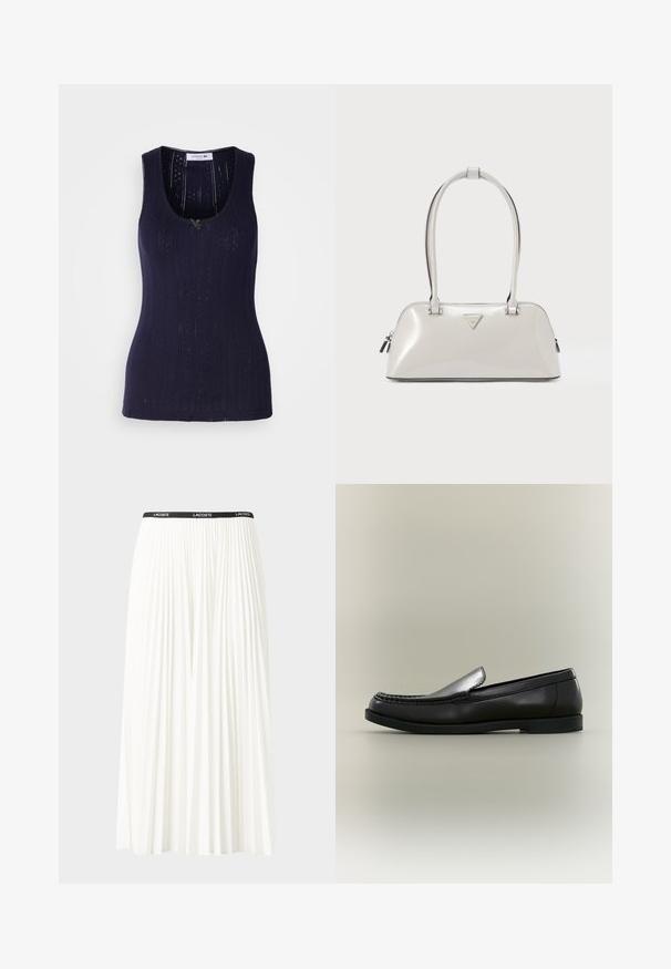 Débardeur bleu marine avec une texture côtelée, présentant des détails perforés et une encolure en forme de scoop. Fini avec un petit accent vert.; Jupe plissée blanche avec une taille élastique noire portant le logo "LACOSTE". Design mi-long avec une texture douce.; Mocassin en cuir noir avec couture moc toe, petit talon et design à enfiler sur fond neutre.; Sac à main gris clair brillant de forme arrondie, avec deux poignées et un logo triangulaire. Il dispose d'une fermeture éclair et de détails métalliques.