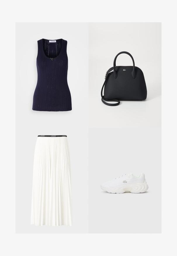 Débardeur bleu marine avec une texture côtelée, présentant des détails perforés et une encolure en forme de scoop. Fini avec un petit accent vert.; Jupe plissée blanche avec une taille élastique noire portant le logo "LACOSTE". Design mi-long avec une texture douce.; Baskets blanches avec une tige texturée, un design de semelle prononcé, un système de laçage et un petit détail de logo. Construction lisse et légère.; Sac à main noir en matériau texturé, doté de deux poignées supérieures et d'une bandoulière amovible, avec un accent logo en argent.