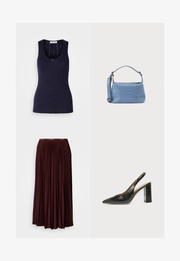 Marineblauwe tanktop met een geribbelde textuur, voorzien van geperforeerde details en een ronde hals. Afgewerkt met een klein groen accent.; Bordeaux plissé rok van zachte stof met een elastische tailleband en een subtiele logo. Volledige lengte ontwerp met verticale plooien.; Zwarte leren slingback schoen met spits toelopend neusje, hoge blokhak en beige binnenvoering tegen een effen lichte achtergrond.; Lichtblauwe handtas met krokodillenprint, voorzien van een korte handgreep en een afneembare schouderriem. Gladde textuur met een ritssluiting.