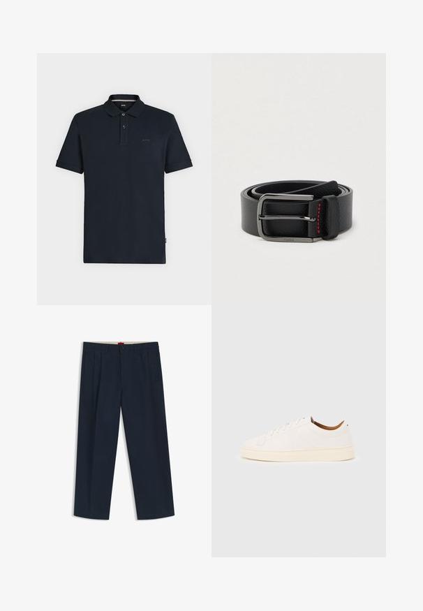 Sort kortærmet polo med to forreste knapper og et lille "BOSS" logo på brystet, vist på en ensartet lyse baggrund.; Mørkeblå bukser med vide ben med bæltestropper, knaplukning og lynlås foran samt sidelommer, vist på en hvid baggrund.; Hvid lavtop-sneakers med snørelukning, minimale syningsdetaljer og en cremefarvet sål på en lysegrå baggrund.; Sort læderbælte med sølvspænde og røde syninger, rullet sammen på en ensartet lys baggrund.