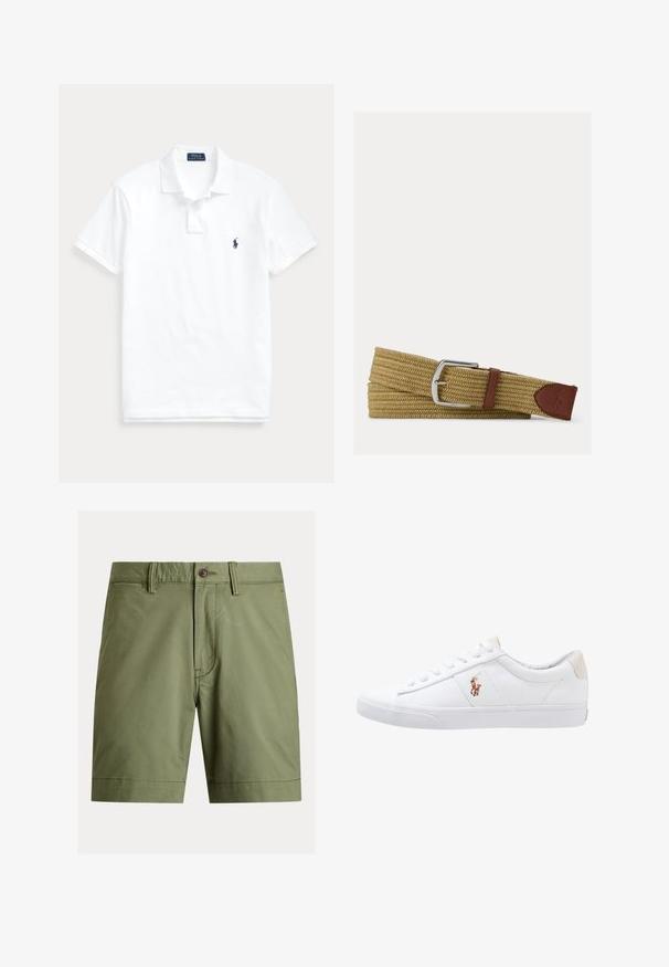 Weißes Poloshirt mit kurzen Ärmeln, Kragen, Zwei-Knopf-Leiste und kleinem dunkelblauem Logo auf der linken Brust.; Olivgrüne Shorts aus Baumwollmischgewebe, mit Knopfverschluss, Gürtelschlaufen und geradem Schnitt mit gesäumten Saumabschlüssen.; Weiße Leinensneaker im Low-Top-Design mit einem beigen Ferseneinsatz und einem kleinen gestickten Logo an der Seite. Gummisohle.; Geflochtener hellbrauner Stoffgürtel mit silberner Metallschnalle und braunen Lederakzenten, einschließlich eines aufgenähten Logopatches am Ende.