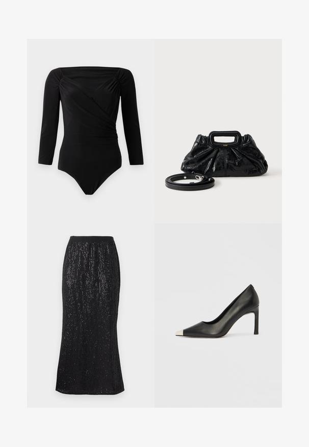 Bodysuit negro de manga larga, con diseño envolvente, detalles fruncidos en los hombros, textura suave y escote profundo.; Falda negra con una cintura ajustada, adornada con lentejuelas verticales para un aspecto texturizado. El dobladillo curva ligeramente, creando una silueta estilizada.; Zapato de tacón alto de cuero negro con punta en forma de pico y una tapa metálica plateada. Presenta un acabado suave y un tacón delgado de 10 cm.; Bolso pequeño de cuero negro con textura fruncida, asa rectangular y correa de hombro delgada y desmontable colocada al lado.