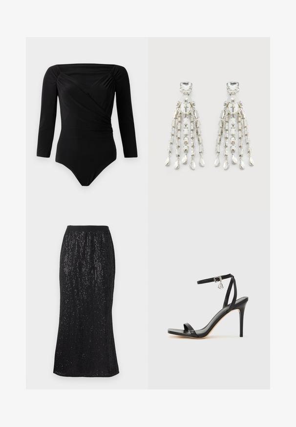 Must mustriga mustööpäraga must bodysuit, millel on keerutusdisain, r gathered accents õlgadel, sile tekstuur ja sügav dekoltee.; Musthave mustriga musthave, millel on sobiv vöökoht ja vertikaalsed sädelusdetailid tekstuuriga ilme jaoks. Hem kõverdub veidi, luues voolujoonelise silueti.; Mustad kõrge kontsaga sandaal kitsaste pahkluu rihmadega, kandilise varbaosaga, siledast nahast ning metallist pandla aktsendiga.; Hõbedatooni ripatsiga kõrvaklipsid ruudukujuliste studide, ringikujuliste pärlite ja tilgakujuliste ripatsitega ahelate küljes.
