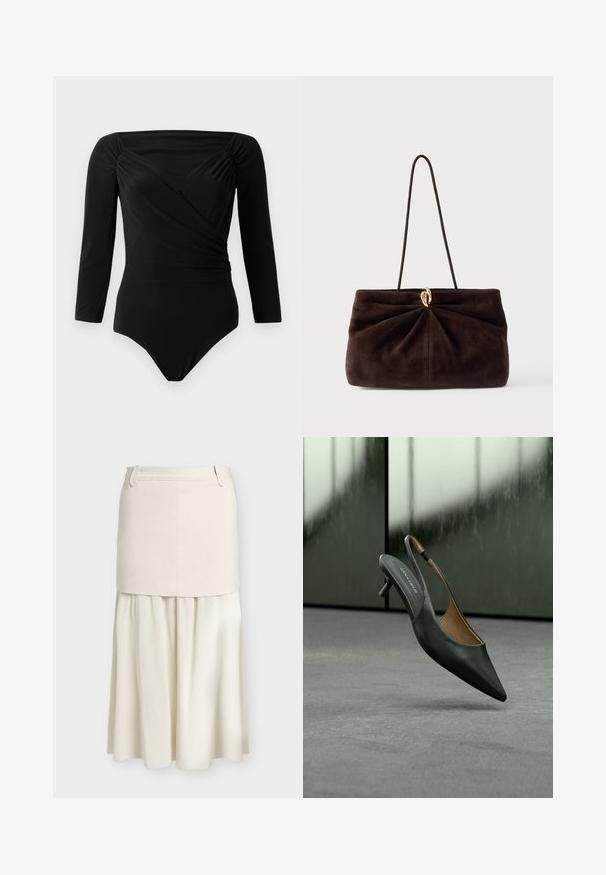 Sort langærmet bodysuit med draperet design, samlede detaljer ved skuldrene, glat tekstur og dyb udskæring.; To-lags nederdel med et tætsiddende, glat øverste panel og en flydende, plisseret nederste sektion i off-white toner.; Sort slingback sko med spidset tå og lille hæl med tynd rem og "ANNA FIELD" mærke på indersålen, mod en sløret grå baggrund.; Brun ruskinds håndtaske med et samlet design, en guldfarvet metaldetalje i midten og en enkelt skulderrem. Glat tekstur.