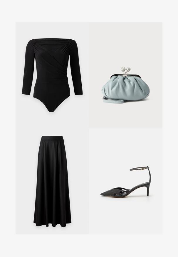 Sort langærmet bodysuit med draperet design, samlede detaljer ved skuldrene, glat tekstur og dyb udskæring.; Sort, gulvlange nederdel med en glat tekstur, bred taljeelastik og plisseret design, uden synlige mønstre eller udsmykninger.; Sort læder højhælet sko med spids tå, åbne sider og en tynd ankelrem med en lille guld detalje.; Lille lyseblå læder møntpung med sølv metal kysse-lås og kort håndledsrem på ensfarvet baggrund.