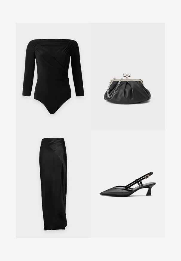 Sort langærmet bodysuit med draperet design, samlede detaljer ved skuldrene, glat tekstur og dyb udskæring.; Sort satin maxiskørt med en sideslids, glat tekstur og draperet design. Har en høj talje og en flydende silhuet.; Sort spids tå slingback-sko med mesh-øverdel, tynde stropper, guldlås og lav buet hæl på hvid baggrund.; Sort læder clutch med samlet tekstur, sølvfarvet metalramme, kys-lås lukning og kædestrop. Glat, blød overflade.