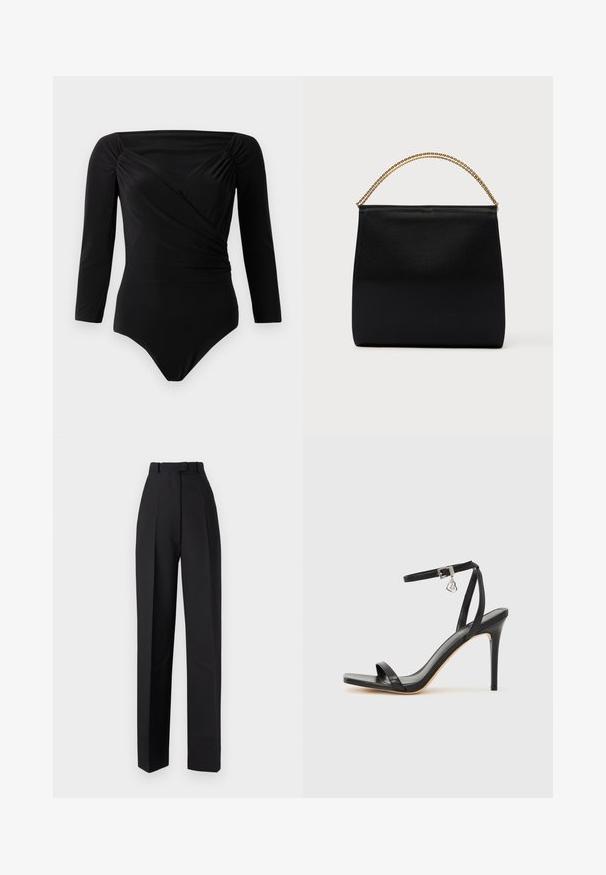 Bodysuit negro de manga larga, con diseño envolvente, detalles fruncidos en los hombros, textura suave y escote profundo.; Pantalones negros de talle alto con pliegues, que presentan un diseño a medida y piernas rectas. Confeccionados con un tejido suave, con un detalle mínimo.; Sandalia de tacón alto negra con una estrecha correa en el tobillo, punta cuadrada, material de cuero liso y detalle de hebilla metálica.; Bolso negro de tela suave, con forma estructurada, asa de cadena dorada y diseño geométrico minimalista.