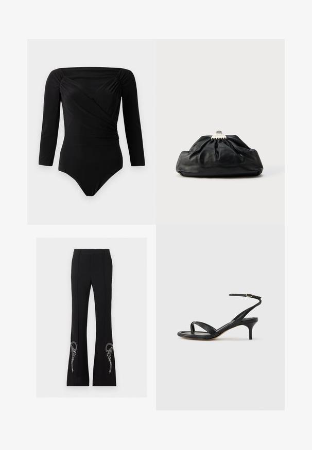 Bodysuit negro de manga larga, con diseño envolvente, detalles fruncidos en los hombros, textura suave y escote profundo.; Pantalones negros con campana bordados con un moño floral blanco cerca del bajo en ambas piernas, con detalle de pliegue frontal y presillas para cinturón.; Sandalia negra de cuero para mujer con tiras finas, un lazo para el dedo del pie, hebilla en el tobillo y tacón de aguja de altura media sobre un fondo neutro.; Bolso de mano de cuero negro con textura recogida, cierre de broche metálico y logo en relieve sutil en el frente. Forma redondeada.