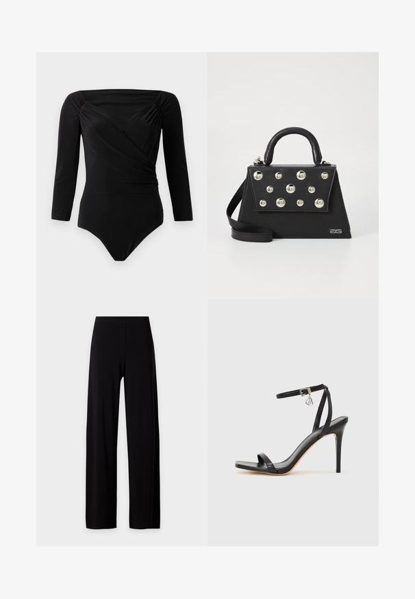 Zwarte lange mouwen bodysuit, met een wikkelontwerp, geplooide accenten op de schouders, een gladde textuur en een diepe halslijn.; Zwarte broek met wijde pijpen en een hoge taille, met een glad voorpand zonder zichtbare zakken of versieringen.; Zwarte sandaal met hoge hak, smalle enkelband, vierkante neus, soepel leermateriaal en metalen gespsluiting.; Zwarte handtas met een gestructureerde vorm, voorzien van een bovenhandvat, schouderriem en decoratieve metalen studs aan de voorkant.