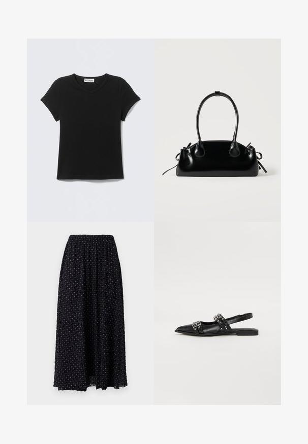 T-shirt noir à manches courtes et col en V avec l'étiquette "WEEKDAY" sur le col, posé à plat sur un fond gris clair.; Jupe maxi noire avec une texture en maille à motif de diamant, taille élastique et légère fronce en haut, avec des accents argentés partout.; Even&Odd by Zalando Ballerines à brides arrière - black; Petit sac à main noir brillant avec deux longues anses et des détails à cordon sur les côtés sur un fond clair uni.
