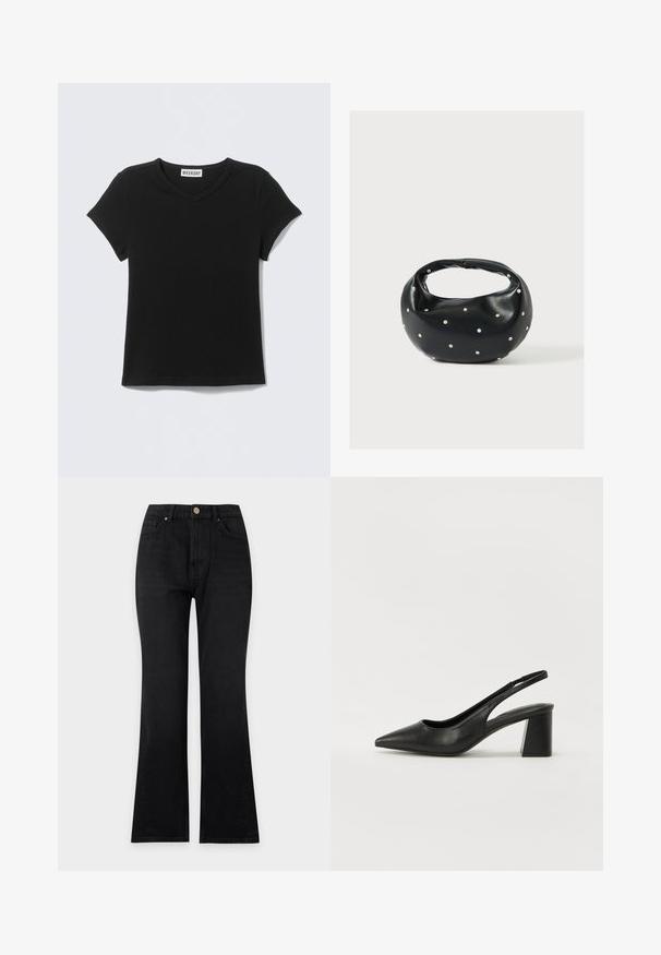 T-shirt noir à manches courtes et col en V avec l'étiquette "WEEKDAY" sur le col, posé à plat sur un fond gris clair.; Jean noir taille haute à coupe droite, fermeture devant par boutons et design cinq poches sur un fond clair uni.; Escarpins en cuir noir à talon ouvert avec un bout pointu et un talon bloc. Présente un design découpé et une texture lisse, minimaliste et moderne.; Sac à main en cuir noir de forme arrondie, décoré de clous argentés et équipé d'une poignée courte. Texture lisse et fermeture éclair.