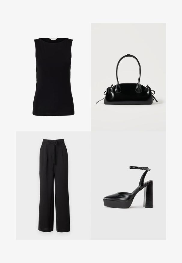 Haut noir sans manches, cintré, avec encolure ronde et étiquette de marque blanche à l'intérieur du col.; Pantalon noir taille haute à jambes larges avec une ceinture en tissu nouée en nœud à la taille, présenté sur un fond blanc.; Escarpins noirs à plateforme avec un bout pointu et une sangle réglable à la cheville. Conçus en cuir lisse, avec un large talon bloc.; Petit sac à main noir brillant avec deux longues anses et des détails à cordon sur les côtés sur un fond clair uni.