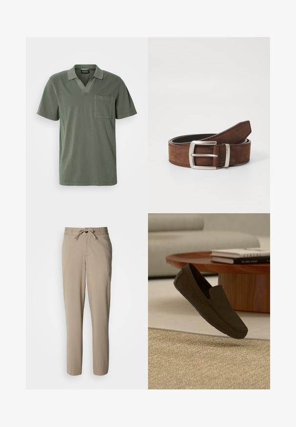 Polo de manga corta en color verde oliva con escote en V, bolsillo en el pecho y una textura suave de algodón. Diseño minimalista con líneas limpias.; Pantalones beige confeccionados con un tejido suave, que cuentan con cintura ajustable con cordón y un corte relajado, con piernas rectas y sin bolsillos visibles.; Mocasín marrón oscuro sin cordones flotando sobre una alfombra texturizada beige, con una mesa de café redonda de madera y libros desenfocados en el fondo.; Cinturón de ante marrón con hebilla de metal plateado y detalle de costuras lineales. El cinturón es plano y tiene un ancho y una forma clásicos.