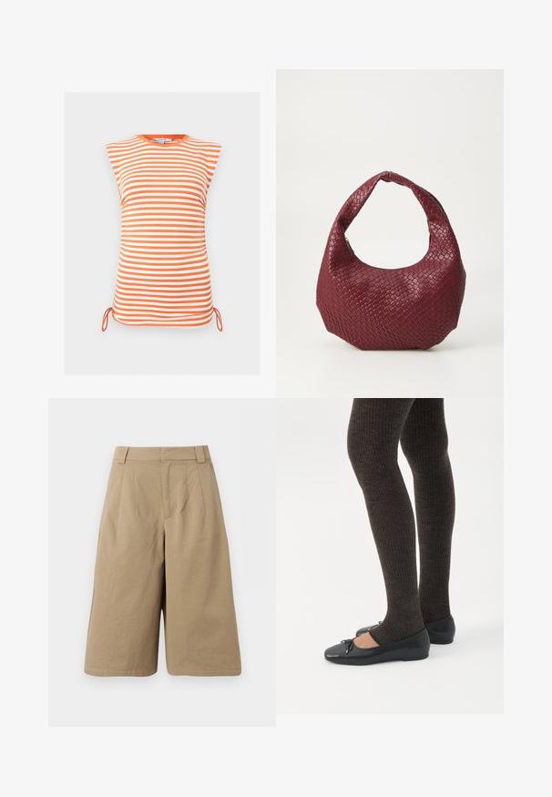Haut sans manches rayé horizontalement orange et blanc avec encolure ronde et liens latéraux réglables à l'ourlet.; Shorts beige à longueur genou avec passants de ceinture, plis avant et fermeture avant dissimulée, fabriqués en tissu doux.; Jambes portant des leggings côtelés foncés associés à des ballerines noires avec de petits détails en nœud sur fond blanc.; Sac à main tissé bordeaux avec une silhouette arrondie, une seule poignée et une finition texturée. Fermeture zippée en haut.