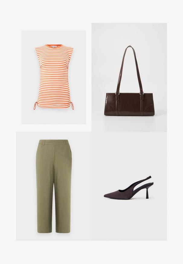 Haut sans manches rayé horizontalement orange et blanc avec encolure ronde et liens latéraux réglables à l'ourlet.; Pantalon droit vert olive avec taille mi-haute et passants pour ceinture, fabriqué en tissu texturé, présenté sur un fond blanc.; Chaussure à talon slingback en tissu violet foncé. Design à bout pointu, côtés ouverts, et talon mince de forme carrée. Texture lisse.; Sac à main en cuir verni marron de forme rectangulaire, avec deux longues poignées et des accents courbés subtils à l'avant.