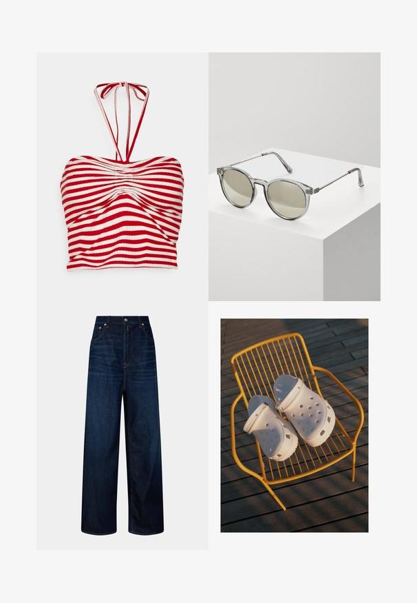 Pieces PCLAYA CROPPED TIE TUBE - Μπλούζα - high risk red/bright white; Σκούρες μπλε ψηλόμεσες τζιν παντελόνες με φαρδιά μπατζάκια, μπροστινές τσέπες, κλείσιμο με κουμπί και φερμουάρ, τοποθετημένες σε ουδέτερο φόντο.; Λευκά Crocs καλοκαιρινά παπούτσια διαθέτουν τρύπες σχεδίασης, επίπεδες σόλες και ρυθμιζόμενους ιμάντες φτέρνας, τοποθετημένα σε μια κίτρινη καρέκλα από σύρμα πάνω σε ξύλινο δάπεδο.; Στρογγυλά γυαλιά ηλίου με διαφανείς γκρι σκελετούς και γκρι τζάμια. Μεταλλικά στοιχεία στους βραχίονες και καμπυλωτά χέρια για σταθερότητα.