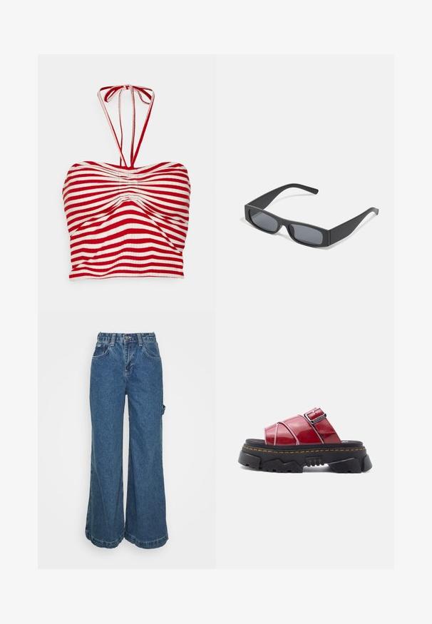 Pieces PCLAYA CROPPED TIE TUBE - Μπλούζα - high risk red/bright white; Τζιν παντελόνι με φαρδιά πόδια σε μεσαίο μπλε χρώμα, διαθέτοντας ψηλόμεση σχεδίαση, μπροστινές τσέπες και ακανόνιστο στρίφωμα στους αστραγάλους για μια χαλαρή και άνετη εμφάνιση.; Κόκκινο γυαλιστερό δερμάτινο σανδάλι με ανοιχτό δάχτυλο, παχύ μαύρο σχεδιασμένο πέλμα και ρυθμιζόμενη λουρί με αγκράφα σε λευκό φόντο.; Μαύρα ορθογώνια γυαλιά ηλίου με σκούρους φακούς και παχιούς ματ σκελετούς. Οι βραχίονες είναι ελαφρώς κομμένοι με λεία υφή.
