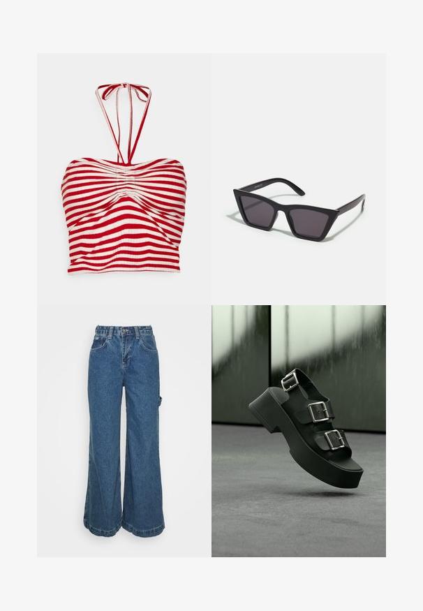Pieces PCLAYA CROPPED TIE TUBE - Μπλούζα - high risk red/bright white; Τζιν παντελόνι με φαρδιά πόδια σε μεσαίο μπλε χρώμα, διαθέτοντας ψηλόμεση σχεδίαση, μπροστινές τσέπες και ακανόνιστο στρίφωμα στους αστραγάλους για μια χαλαρή και άνετη εμφάνιση.; Μαύρο σανδάλι πλατφόρμα με τρεις φαρδιές λουριά και ασημένιες αγκράφες, να αιωρείται πάνω από γκρι χαλί με θολό γυάλινο φόντο.; Μαύρα, γωνιώδη γυαλιά ηλίου με γκρι φακούς; κατασκευασμένα από πλαστικό, με χοντρές βραχίονες με λεία επιφάνεια και χωρίς ορατό μηχανισμό.