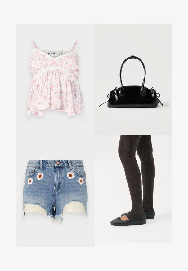 Débardeur floral avec un fond blanc orné de fleurs roses et vertes, des accents en dentelle, un corsage ajusté et un bas fluide et ample.; Shorts en denim avec un ourlet effiloché, de couleur bleu clair, ornés de broderies florales blanches et brunes sur le devant. Design à cinq poches.; Jambes portant des leggings côtelés foncés associés à des ballerines noires avec de petits détails en nœud sur fond blanc.; Petit sac à main noir brillant avec deux longues anses et des détails à cordon sur les côtés sur un fond clair uni.