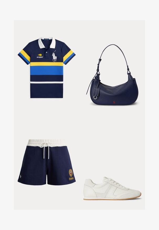 Polo bleu marine avec col blanc, rayures horizontales jaunes et bleues, logo US Open sur la poitrine gauche, et un grand emblème blanc de joueur de polo.; Short bleu marine avec ceinture élastique blanche et cordon, petit logo brodé sur l'ourlet gauche, emblème du Championnat de Wimbledon sur la jambe droite.; Baskets basses blanches avec laçage à l'avant, panneaux en daim et cuir, et une semelle en caoutchouc marron clair sur fond blanc.; Sac à épaule en cuir texturé bleu marine avec une seule bandoulière, détail anneau argenté et petit logo rouge près du bas au centre.