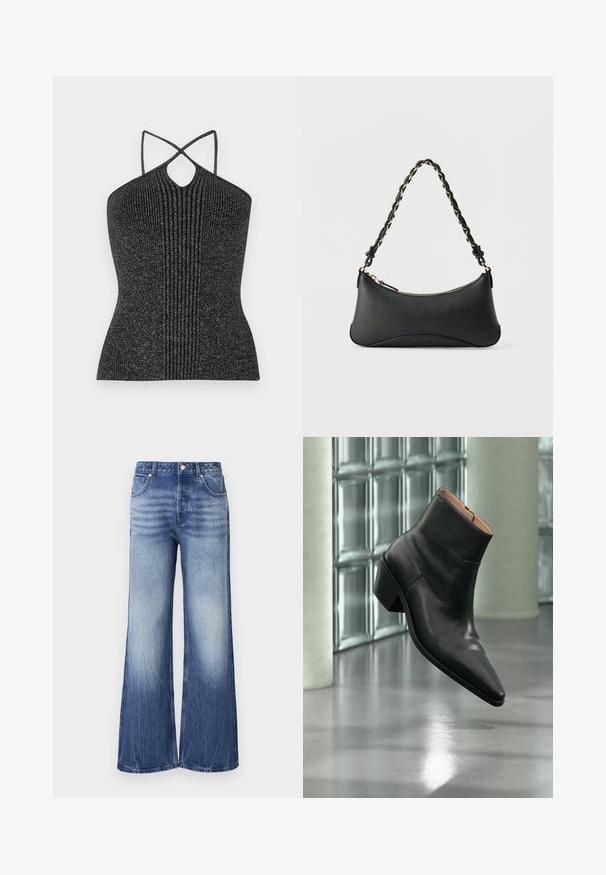 Sort ærmeløs top med en nøglehul-udskæring, der har krydsede stropper og en ribbet tekstur, fremhævet med metallisk tråd for glans.; Lysblå brede jeans lavet af denim, med høj talje, falmede tekstur og mærke patch på baglommen.; Sort læderankelstøvle med spids tå og blokhæl, der svæver over en reflekterende grå gulv nær en væg af glasblokke.; Sort skuldertaske i læder med en buet rektangulær form, gyldent kæde vævet ind i en flettet sort rem og toplynlås.