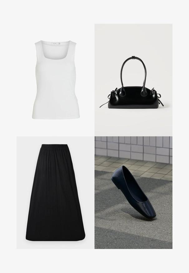 Débardeur blanc sans manches avec un décolleté carré, texture lisse et design ajusté. Fabriqué en tissu léger.; Longue jupe noire avec taille élastique et plis souples, en tissu léger.; Chaussure plate en cuir noir debout sur une surface asphaltée près du bord d'un trottoir carrelé.; Petit sac à main noir brillant avec deux longues anses et des détails à cordon sur les côtés sur un fond clair uni.