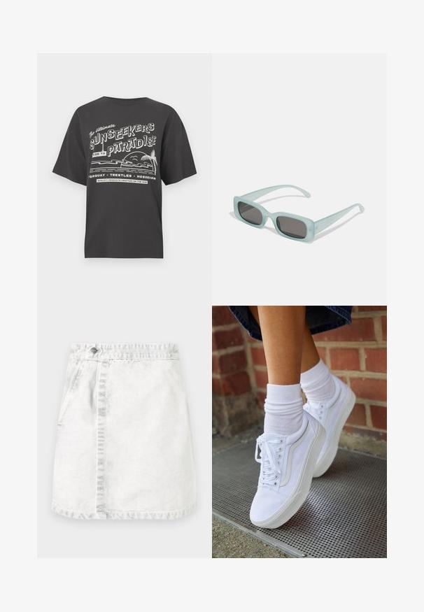 Μαύρο βαμβακερό T-shirt με λευκό γραφικό που περιλαμβάνει κείμενο και παραθαλάσσια εικόνα, όπως φοίνικες και κύματα. Χαλαρή εφαρμογή και στρογγυλή λαιμόκοψη.; Δερμάτινη φούστα σε ανοιχτό γκρι. Σχέδιο A-line με μπροστινές τσέπες, ορατή ραφή κατά μήκος του κέντρου και ένα μόνο μεταλλικό κουμπί στη μέση.; Λευκά καμβά παπούτσια με καουτσούκ σόλες, που διαθέτουν έξι τρυπούλες, στρογγυλή μύτη και λεπτομέρειες από ελαφριά ραφή, σε συνδυασμό με λευκές κάλτσες μέχρι τον αστράγαλο.; Ενα ζευγάρι ορθογώνια γυαλιά ηλίου με ανοιχτό μπλε ημιδιαφανείς σκελετούς και σκούρους γκρι φακούς, διαθέτοντας ίσιες βραχίονες και ελάχιστες λεπτομέρειες υλικών.