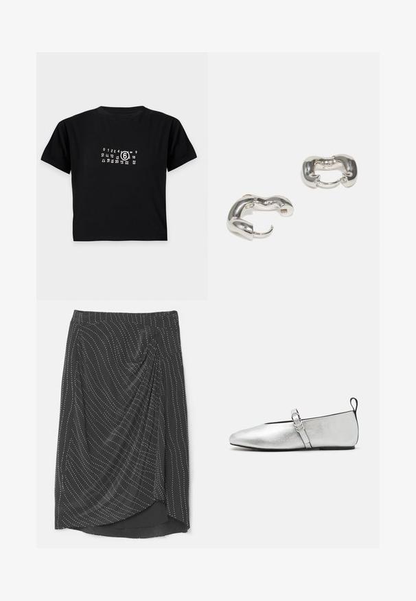 Μαύρο crop top με κοντό μανίκι και λευκούς αριθμούς τοποθετημένους σε κυκλικό σχέδιο ημερολογίου στο κέντρο του στήθους, με έμφαση στον αριθμό 6.; Iro ZIMA - Pencil φούστα - black; rag & bone SPIRE MARY JANE - Μπαλαρίνες με λουράκι στον αστράγαλο - silver; Ασημένια σκουλαρίκια κρίκοι με απαλό, κυματιστό σχέδιο; διαθέτουν χοντρή μορφή και λείο φινίρισμα, επισημαίνοντας μια μοντέρνα αισθητική.