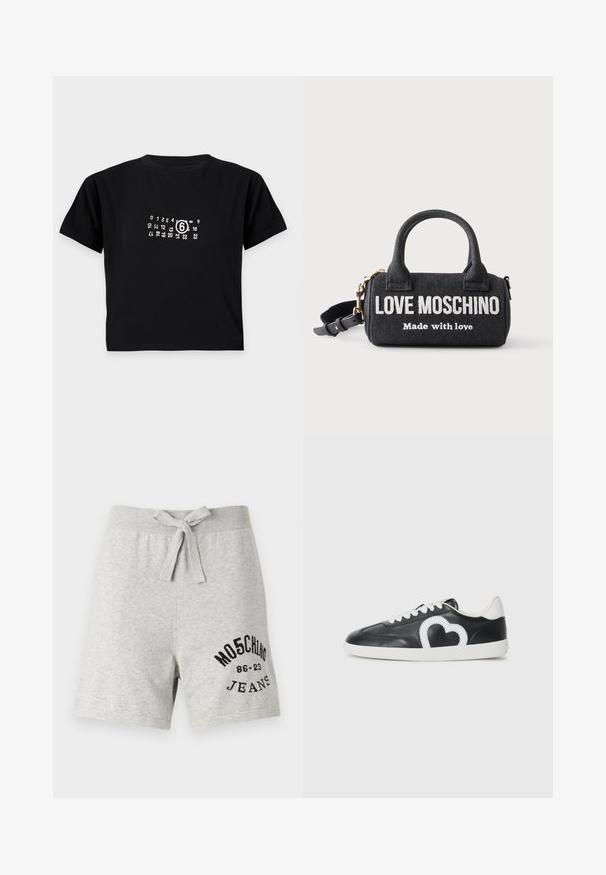 Μαύρο crop top με κοντό μανίκι και λευκούς αριθμούς τοποθετημένους σε κυκλικό σχέδιο ημερολογίου στο κέντρο του στήθους, με έμφαση στον αριθμό 6.; Γκρίζες βαμβακερές βερμούδες με ελαστική μέση και κορδόνι, με εκτυπωμένο μαύρο λογότυπο στο αριστερό πόδι. Χαλαρός σχεδιασμός, μήκους μέχρι το γόνατο, απαλός στην υφή.; Μαύρο χαμηλό sneaker με λευκά κορδόνια, λευκή σόλα και λευκό σχέδιο σε σχήμα καρδιάς στο πλάι.; Μικρό μαύρο γυναικείο τσαντάκι Love Moschino με δύο λαβές, λευκό κείμενο "Love Moschino Made with love," και ρυθμιζόμενο ιμάντα ώμου.