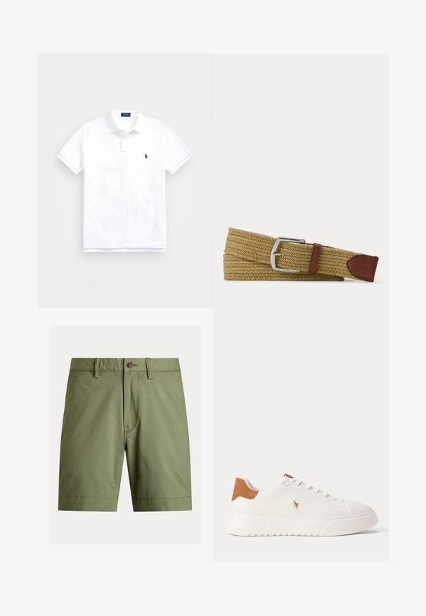 Weißes Poloshirt mit kurzen Ärmeln, Kragen, zwei Knöpfen und kleinem dunkelblau besticktem Logo auf der linken Brust.; Olivgrüne Shorts aus Baumwollmischgewebe, mit Knopfverschluss, Gürtelschlaufen und geradem Schnitt mit gesäumten Saumabschlüssen.; Weißer Sneaker mit niedrigem Schaft, beige Fersenlasche, weißen Schnürsenkeln und kleinem, besticktem Polospieler-Logo an der Seite über einer dicken Sohle.; Geflochtener tanfarbener Stoffgürtel mit silberner Schnalle und braunen Lederakzenten, mit einem eingeprägten Pferdelogo am Lederende.