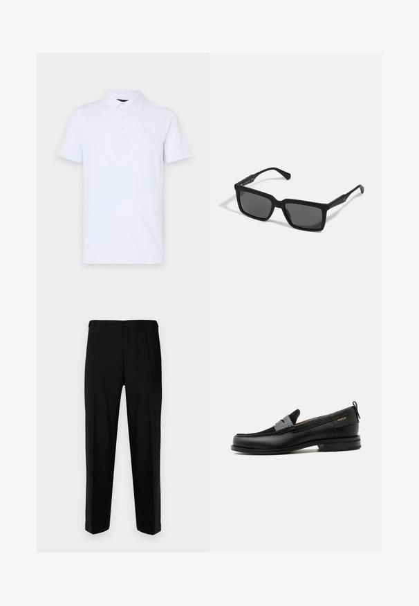 Polo blanca hecha de algodón suave, con un cuello clásico, tapeta de tres botones y un pequeño logo en relieve en el pecho.; Pantalones negros de tela suave, con corte recto, dos bolsillos frontales y cremallera con cierre de botón.; Mocasín de cuero negro con detalle de tira gris, tacón bajo y suela texturizada, con la marca "HUGO" en oro en el lateral.; Gafas de sol negras con lentes rectangulares, acabado mate, montura gruesa y brazos delgados con un discreto detalle de marca.
