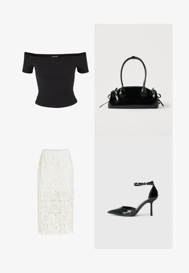 Sort off-the-shoulder top lavet af ribbet stof, med korte ærmer og en tætsiddende design, med en glat tekstur og rene linjer.; Hvid midi nederdel i blonder med blomsterprint, med en ensfarvet foring, der slutter over knæet, og gennemsigtig blonde, der går ned til midt på læggen.; Sort patentlæder højhælede sko med spids tå, ankelrem og slank stiletto hæl; glat, blank overflade og minimalistisk design.; Lille sort blank håndtaske med to lange håndtag og snøre-detaljer i siden på en ensfarvet lys baggrund.