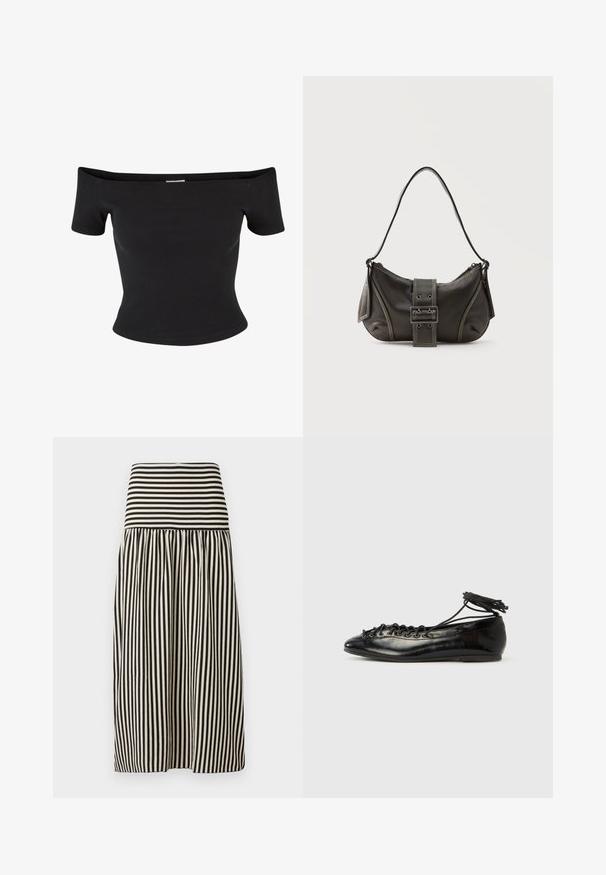 Sort off-the-shoulder top lavet af ribbet stof, med korte ærmer og en tætsiddende design, med en glat tekstur og rene linjer.; Stribet nederdel med en bred elastisk talje. Har lodrette sorte og cremefarvede striber, en flydende stofkvalitet og en længde til knæene.; Sorte balletflade sko i laklæder med rundet tå, snørelukning og flad sål. Glat tekstur med få detaljer.; Sort læder skuldertaske med spænde på remmen, afrundede kanter og kontrasterende hvide syninger på en ensfarvet baggrund.