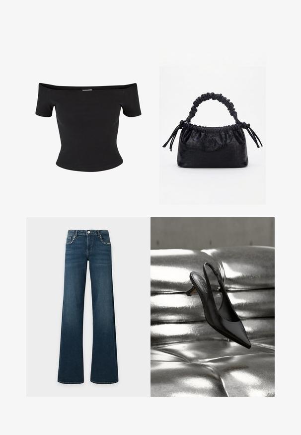 Zwart off-shoulder top gemaakt van ribfluweel, met korte mouwen en een aansluitend design, met een soepele textuur en strakke lijnen.; Donkerblauwe flared jeans met zilveren studs langs de voorzakken, knoopsluiting en riemlussen, plat neergelegd op een witte achtergrond.; Zwarte slingback schoen met puntige neus en glanzende leren afwerking, voorzien van een lage blokhak en een slanke enkelriem, hangend boven een metalen oppervlak.; Zwarte handtas met krokodillenstructuur, geplooide bovenrand, samengevoerde handgreep en koordtassels aan elke kant tegen een witte achtergrond.