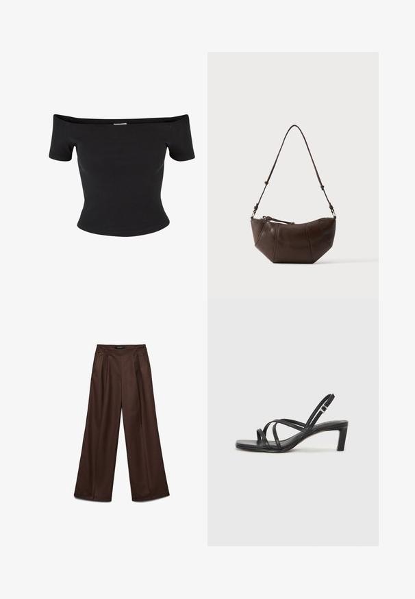 Zwart off-shoulder top gemaakt van ribfluweel, met korte mouwen en een aansluitend design, met een soepele textuur en strakke lijnen.; Bruine broek met wijde pijpen en hoge taille, voorzien van voorplooien en zijzakken, op maat gemaakt voor een ontspannen pasvorm.; Zwarte sandaal met bandjes, vierkante teen en een lage blokhak. Voorzien van meerdere dunne bandjes en een verstelbare enkelband. Gemaakt van zacht leer.; Bruine leren schoudertas met een gebogen onderkant en een verstelbare riem tegen een effen lichte achtergrond.