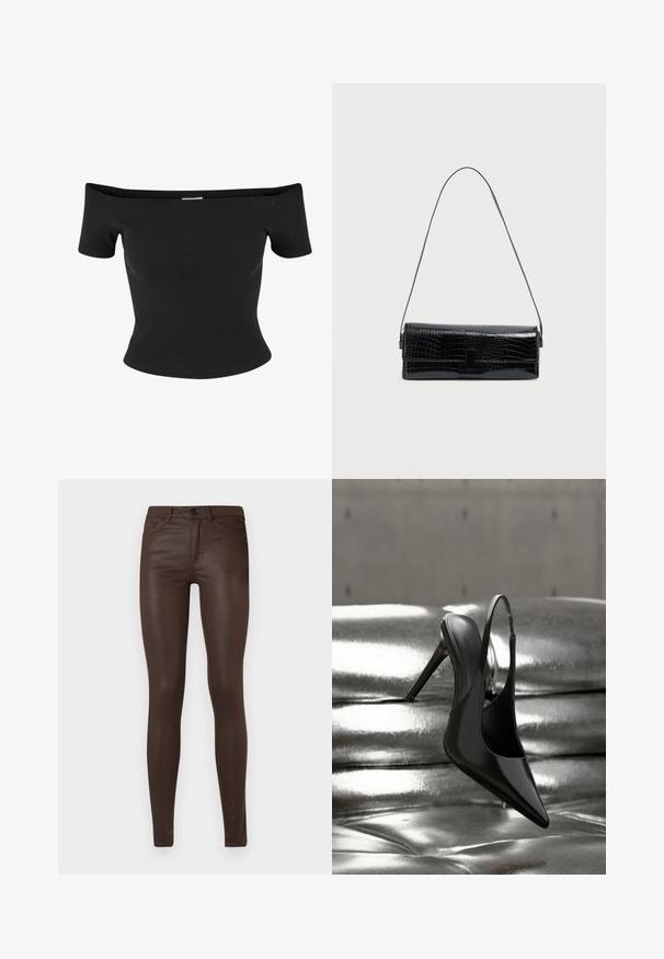 Sort off-the-shoulder top lavet af ribbet stof, med korte ærmer og en tætsiddende design, med en glat tekstur og rene linjer.; Mørkebrune, slim-fit belagte jeans med frontlommer, bæltestropper og knaplukning på en ensfarvet hvid baggrund.; Blank sort højhælet slingback-sko balanceret på en blank sølvfarvet metallisk polstret overflade med glat tekstur.; Sort skuldertaske i kunstlæder med krokodillemønster, rektangulær form, blank tekstur, med en tynd justerbar rem og lukning med klap foran.