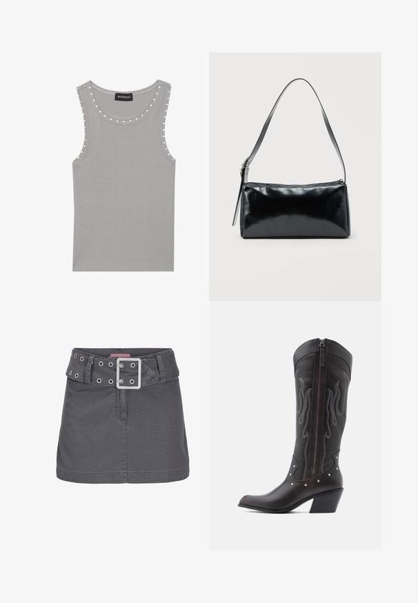 Haut sans manches gris en tissu côtelé, avec un col rond et des accents de pois blancs le long des bords. Finition d'ourlet propre.; Jupe mini en coton gris avec une large ceinture ornée d'œillets en argent et d'une boucle en métal carrée, conçue avec une silhouette épurée et droite.; Bottes de cowboy en cuir marron avec surpiqûres en forme de flammes, fermeture éclair latérale, clous argentés, bout pointu et talon superposé.; Sac d'épaule rectangulaire noir avec une sangle réglable unique et une fermeture éclair supérieure sur un fond uni.