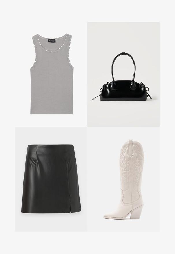 Haut sans manches gris en tissu côtelé, avec un col rond et des accents de pois blancs le long des bords. Finition d'ourlet propre.; Mini-jupe en cuir noir avec une coupe droite, texture lisse, fermeture éclair sur le côté et une fente sur un côté.; Bottine de cowboy en cuir blanc avec un bout pointu et un talon bloc. Présente des motifs de broderie complexes sur la tige et une texture lisse.; Petit sac à main noir brillant avec deux longues anses et des détails à cordon sur les côtés sur un fond clair uni.