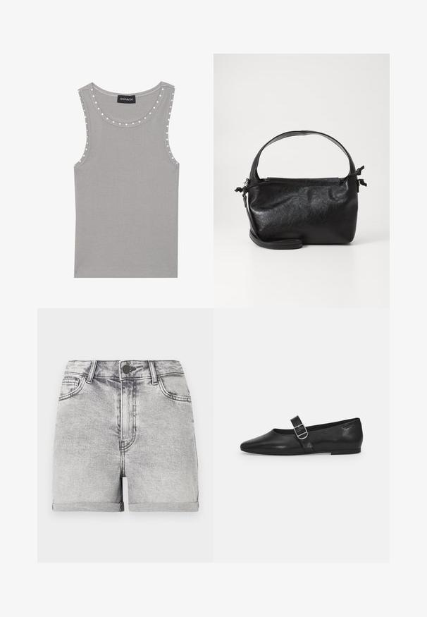 Grå ærmeløs top lavet af ribbet stof, med en rund halsudskæring og hvide prikker langs kanterne. Ren kantfinish.; Grå denim shorts med oprullede kanter, fem-lomme design og central knaplukning. Glat tekstur med subtile falmede detaljer.; Sorte læder flade sko med rund tå, et enkelt justerbart spænde og en glat, blank overflade. Minimalistisk design med en lav hæl.; Sort læderhåndtaske med et struktureret design, rund tophåndtag og aftagelig skulderrem. Den har en glat tekstur og en subtil glans.